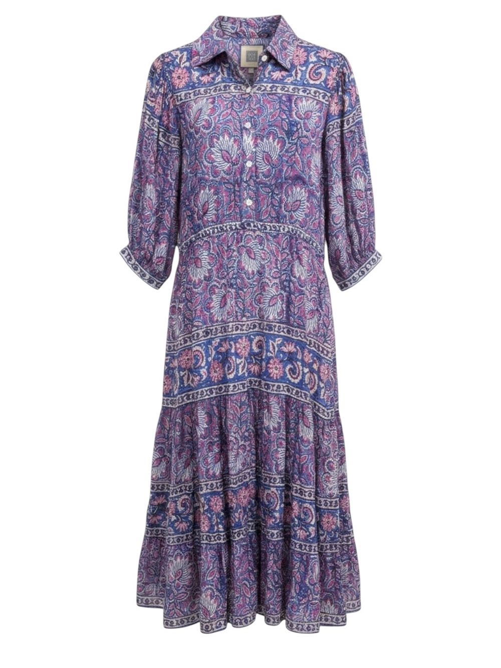 BELL Cotton & Silk Block Print Elbow Balloon Sleeve Pointed Collar Maxi Dress